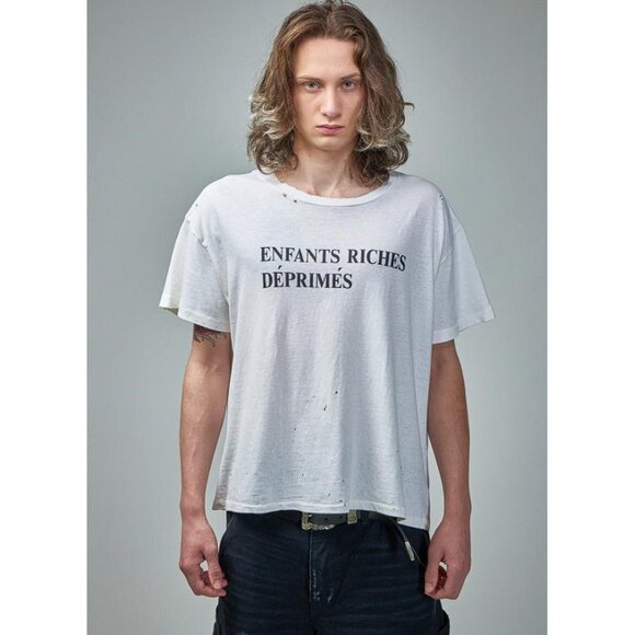 ENFANTS RICHES DÉPRIMÉS Men's Distressed Classic Logo T-Shirt Size L Off-White - Picture 1 of 12
